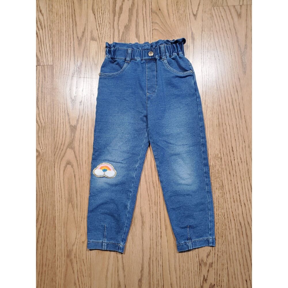 FlapDoodles 4T Paper Bag Elastic Waist Jeans Small Hole Patched With Rainbow GUC